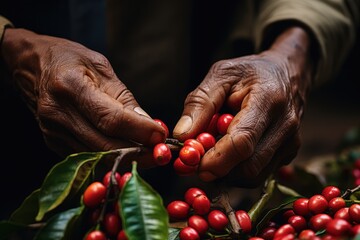 Arabica coffee berries in old farmer hands