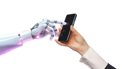  White cyborg robotic hand pointing his finger to a smartphone - 3D rendering isolated on free PNG background. AI programming learning concept.