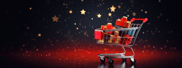 Shopping cart with gift boxes on dark background with golden lights and stars. Online christmas shopping and sale. Supermarket trolley full presents. Banner or card with copy space