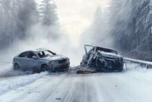 Winter crash aftermath: A damaged car on a snowy road, illustrating the risks and challenges of icy conditions.