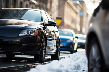 Wall Mural - A car navigating a snowy road, the landscape covered in white, reflecting the cold season's beauty.