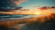 A Beautiful White Sand Beach On The Coastline At Sunset