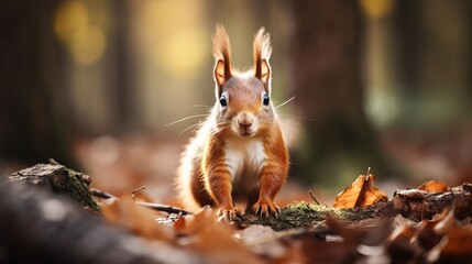 Wall Mural - A blurry background is depicted with a brown squirrel standing.