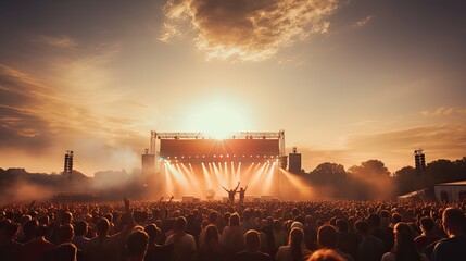 crowd enjoying a live concert at sunset with bright stage lights and a clear sky.