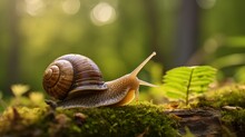 An Image Of A Snail Without A Shell That Is Surrounded By Woods And Mosses In The Sunlight.
