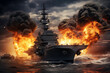 Amphibious assault ship exploded, it was hit and it's on fire and the deck is on fire
fire burning 