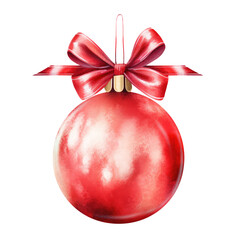 Wall Mural - Red watercolor Christmas ball with ribbon and a bow, isolated on background. Generative AI.