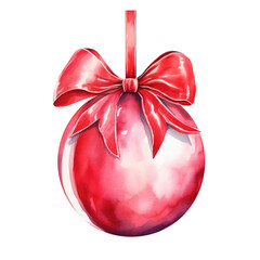 Wall Mural - Red watercolor Christmas ball with ribbon and a bow, isolated on background. Generative AI.