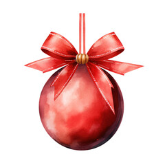 Wall Mural - Red watercolor Christmas ball with ribbon and a bow, isolated on background. Generative AI.