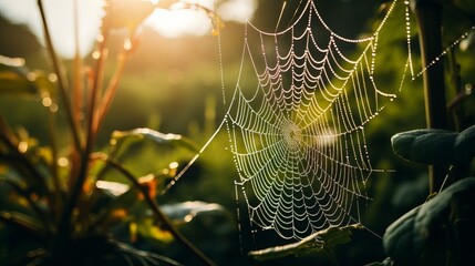 The plants are covered with a spider web with a blurry background