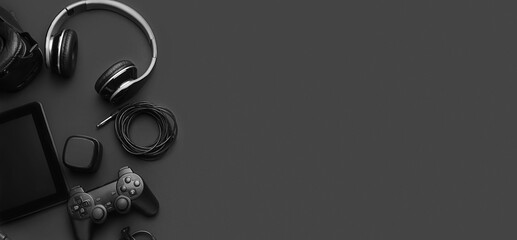 Wall Mural - different modern devices and gadgets on black background with space for text