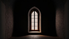 Dark Interior With Light Entering A Narrow Arched Window