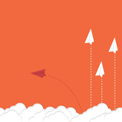 Think differently concept. Red airplane changing direction. Vector illustration	