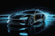 Futuristic electric black concept car with blue neon light on a black background