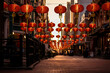 Chinese red lanterns hanging in the streets in chinatown in the night of chinese new year