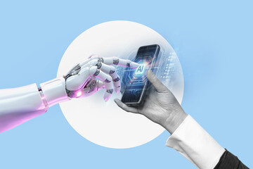 Wall Mural -  White cyborg robotic hand pointing his finger to a smartphone - 3D rendering isolated on free PNG background. AI programming learning concept.