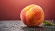 A peach with water droplets on it sitting next to a leaf, AI