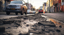 Dynamic And Striking Photo Of Deteriorated City Street Or Road With Prominent Potholes In Asphalt Pavement, AI Generated