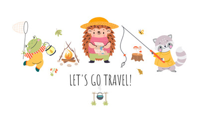 Wall Mural - Travel childish animals characters print. Cute hiking hedgehog, frog and raccoon. Funny wild forest animal banner, touristic nowaday vector background