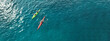 Aerial drone ultra wide photo of athletes competing with rowing in sport canoe in deep emerald paradise exotic island bay