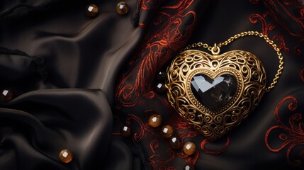 Poster - A heart shaped pendant on a black cloth with gold beads, AI