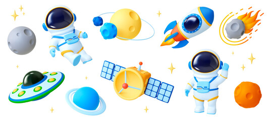 Sticker - space cartoon 3d elements. ufo ship, rocket and astronaut character in suit. realistic universe obje