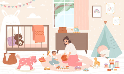 Wall Mural - Girl play with baby. Babysitter, sister or young mother playing with toddler in toys. Funny characters in nursery, childcare snugly vector scene