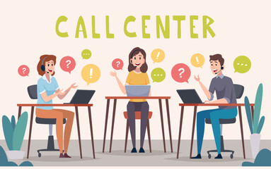 Poster - Help online. Customer service workers people in headset talking and support exact vector cartoon background