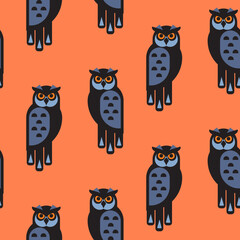 Wall Mural - Vector seamless pattern with graphic owls. Cartoon stylish bird forest character. Orange background.