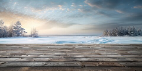 Wall Mural - Winter background, old empty wooden table over a lake with trees and copy space. Generative AI