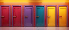 Colorful Toilet Doors In Elementary School Bathroom Interior. Copy Space Image. Place For Adding Text