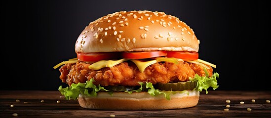 Wall Mural - Close up on crispy chicken burger with lettuce and tomato. Copy space image. Place for adding text