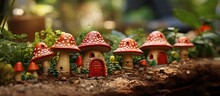 A Pair Of Clay Figurines Of Fantasy Toadstool Shaped Castles With Stairs Towers And Windows On The Forest Floor Of A Potter S Garden. Copy Space Image. Place For Adding Text