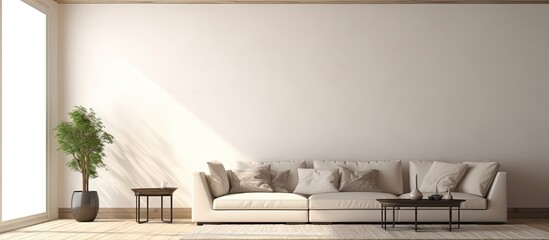 Sticker - a living room with white walls and wood flooring on the ceiling there is a couch in the corner. Copy space image. Place for adding text