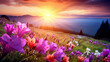 mountain sunset with wildflowers