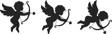 Cupid Icon Set. Love And Valentine's Day Symbol. Cupid Shooting Arrow. Isolated Vector Black Silhouette Image