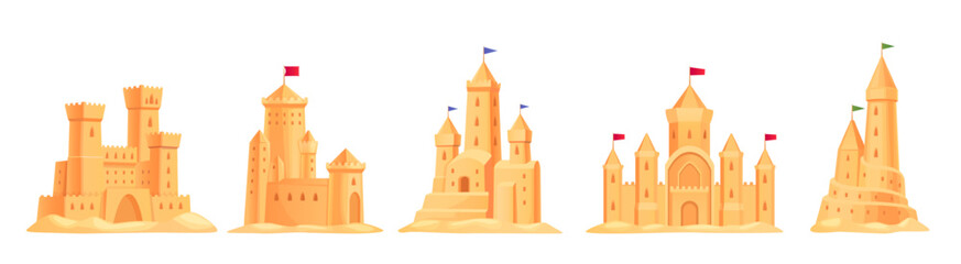 Cartoon sand castles. Isolated sandcastles, sands castle construction on sea beach for children play sandcastle sculpture kid summer toy magic palace ingenious vector illustration