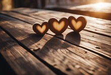 Two Wooden Hearts On Rustic Table With Sunlight