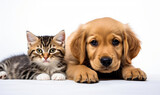 Fototapeta Zwierzęta - Adorable golden retriever puppy and brown tabby kitten lying together, looking at the camera on a white background