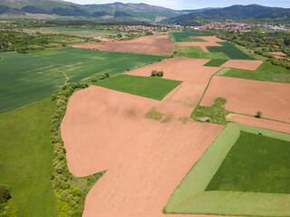 Aerial view of rural land near town of Godech, Bulgaria