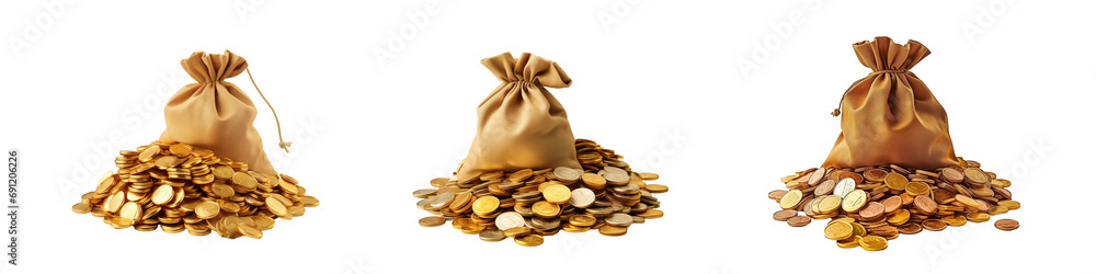 Set of golden coins bag on transparent background. Generative AI Stock ...