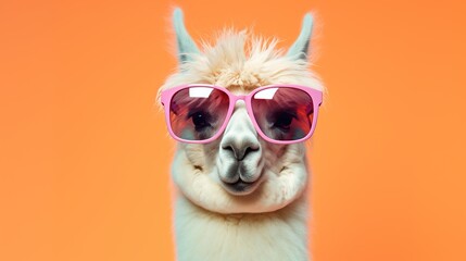 Poster - Creative animal concept. Llama in sunglass shade glasses isolated on solid pastel background