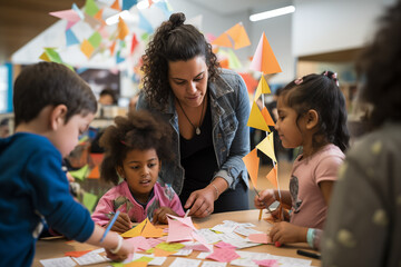 Wall Mural - adults and kids working together in community-building activities, with space for quotes on unity