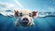 Ein süßes schwimmendes rosa Schweinchen in klarem Wasser.