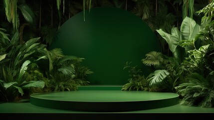 Sticker - Green podium in tropical forest for product presentation and green wall