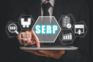 Wall Mural - serp, search engine results page concept, businessman using tablet computer with search engine resul