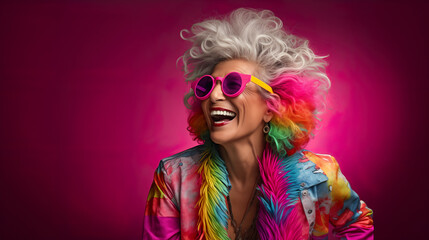 Crazy cool granny, elderly woman with headphones, sunglasses and gray hair, expressive mature and happy smiling grandmother in colorful close-up portrait | Generative AI