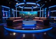 
A news broadcast studio interior design could include the following elements: a clean and modern design