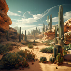 Sticker - A surreal desert landscape with giant cacti