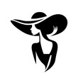 Portret pięknej kobiety w eleganckim kapeluszu z szerokim rondem w minimalistycznym stylu. Młoda dziewczyna w sukni. Ilustracja wektorowa High Fashion.